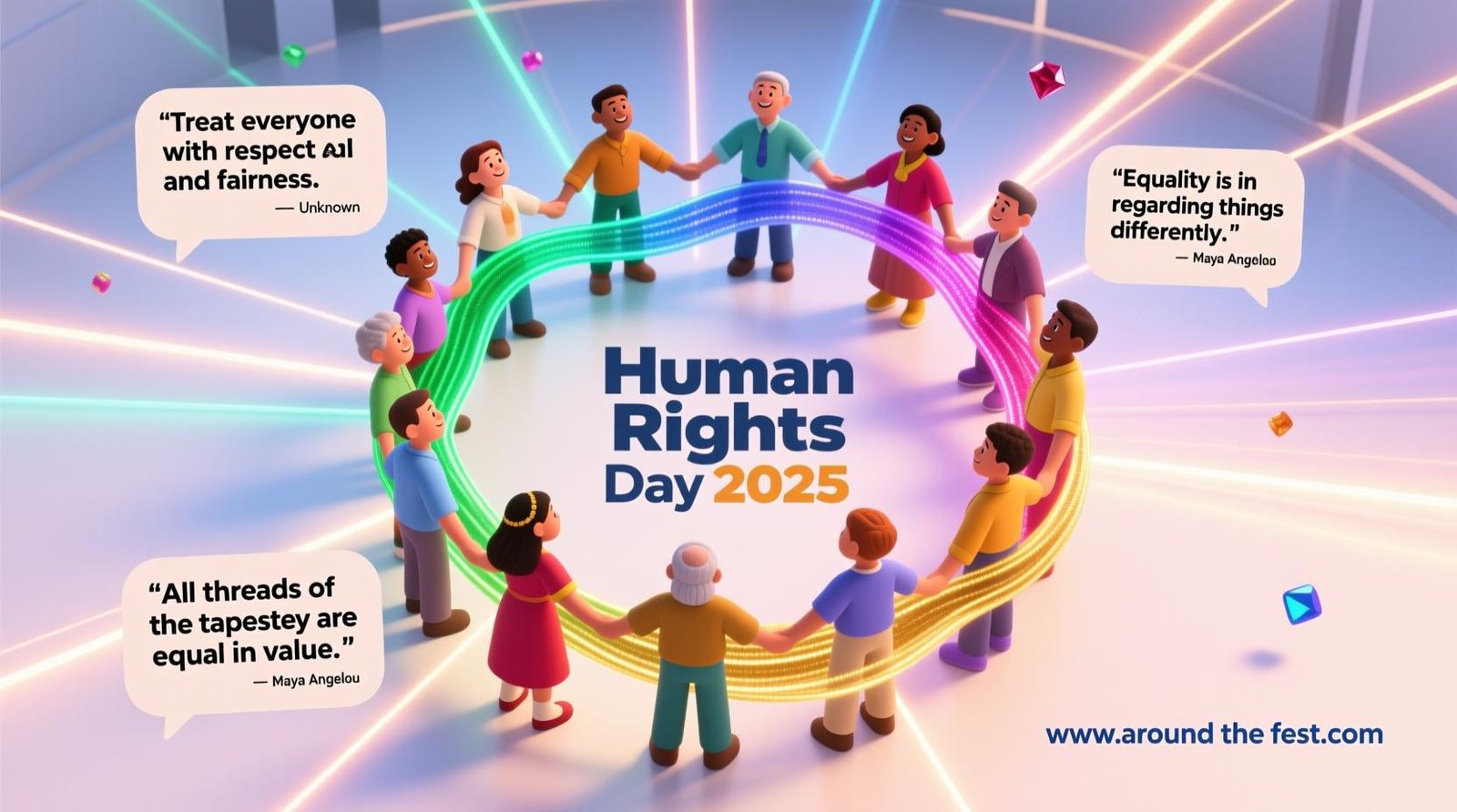 "Human Rights Day 2025 abstract illustration of diverse people connected by glowing threads, symbolizing equality and diversity, featuring quotes by Maya Angelou, Tom Robbins, and an unknown author."