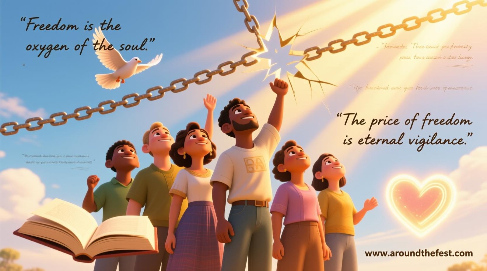  illustration featuring diverse people, symbols of freedom like doves and broken chains, and inspiring quotes about liberty and justice."