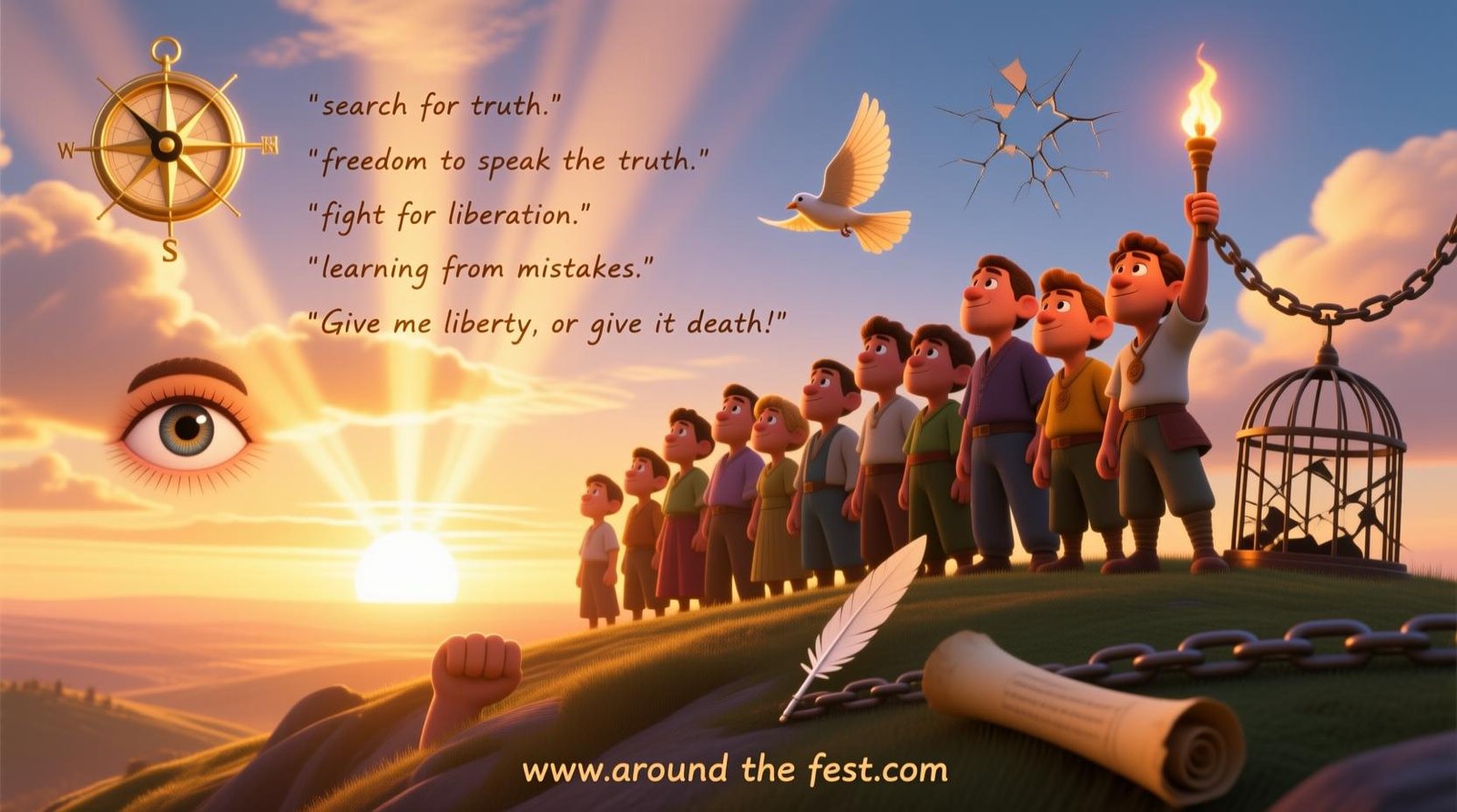 "Human Rights Day 2025 illustration showing diverse people, sunrise light, and freedom symbols like a torch, dove, and broken chains, inspired by quotes on liberty and truth."