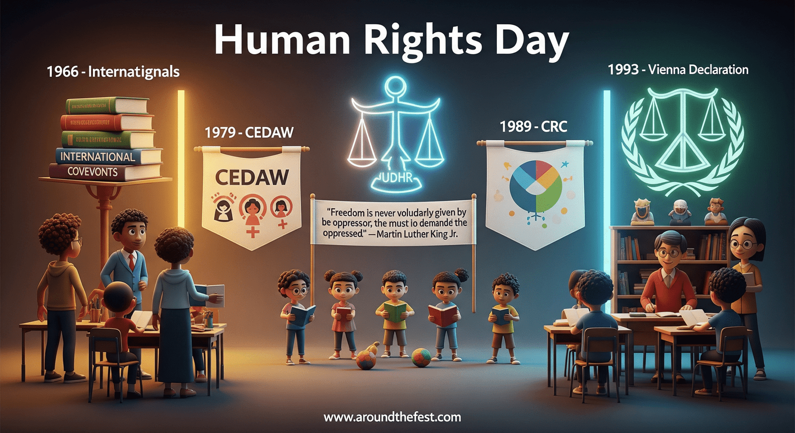 "Illustration showing modern milestones including CEDAW, CRC, and Vienna Declaration, with students learning about equality, freedom, and justice, featuring Martin Luther King Jr.’s quote on freedom."