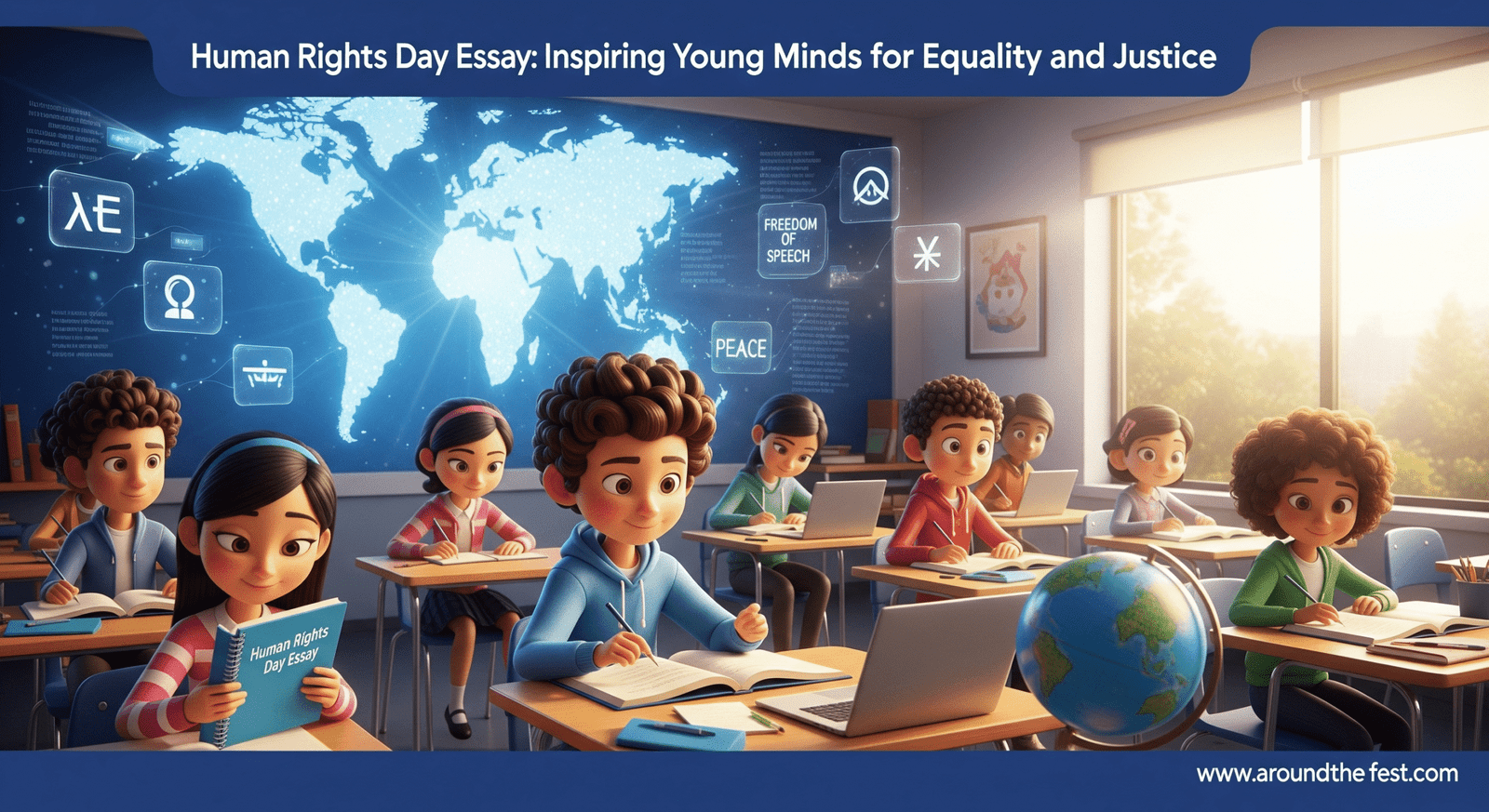 "Illustration of diverse students writing essays about Human Rights Day in a bright classroom with globe, books, and the Universal Declaration of Human Rights in the background, symbolizing education, equality, and justice."