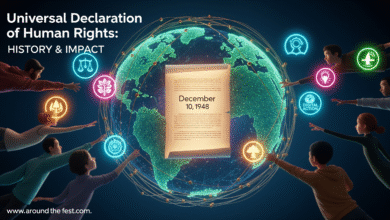 Abstract UDHR banner with glowing document, December 10, 1948, cosmic globe, and symbols for equality, freedom, and human rights."