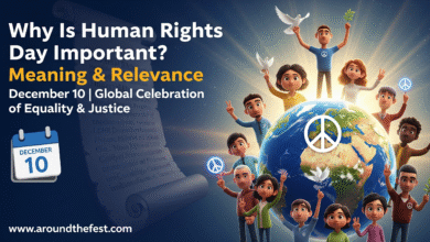 “Banner image showing diverse people around a glowing Earth with symbols of peace and justice, representing the meaning and importance of Human Rights Day, December 10.”