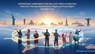 Illustration of diverse people united around a glowing Earth for International Human Rights Day 2025. The scene shows global landmarks, light trails, and a sunrise sky symbolizing dignity, equality, and solidarity. Text overlay reads: “International Human Rights Day 2025: Date, Theme & Celebrations — Theme: Holocaust Remembrance for Dignity and Human Rights.”