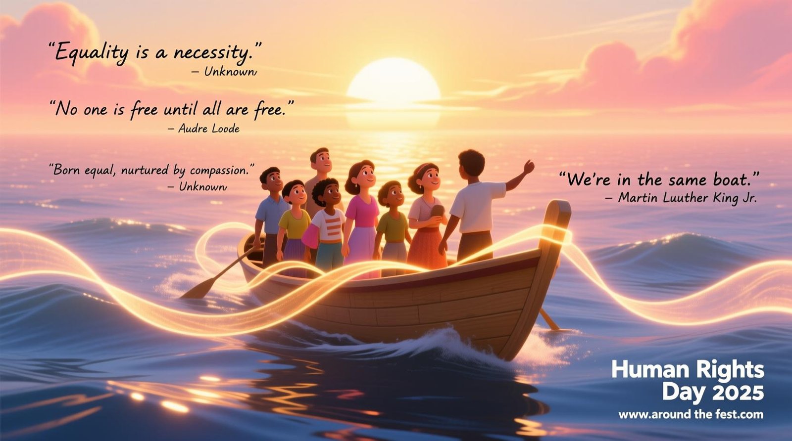  illustration showing diverse people standing together on a symbolic boat under a golden sunrise, representing unity, freedom, and equality, inspired by quotes on justice and compassion."
