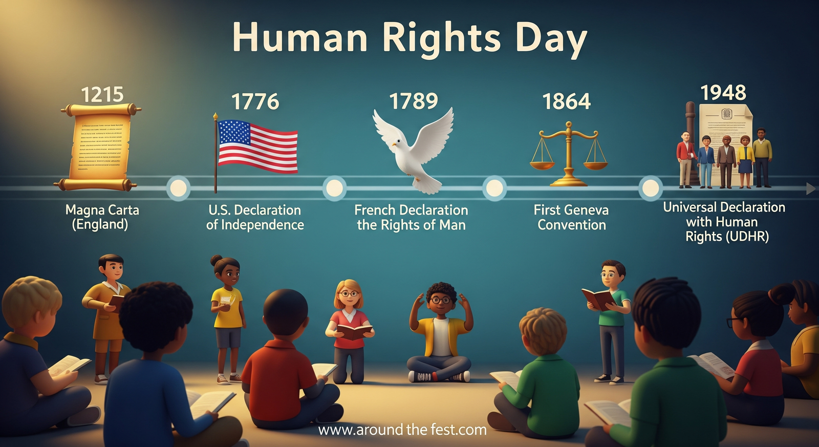 Illustrated timeline of history showing Magna Carta, U.S. Declaration of Independence, French Declaration of the Rights of Man, First Geneva Convention, and UDHR, with students learning about equality and justice."