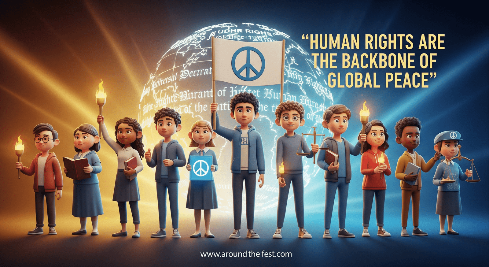 "Diverse students holding human rights symbols with UDHR in background, celebrating equality and freedom."