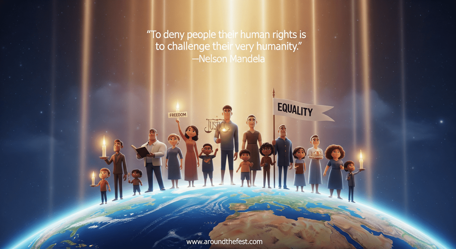 Human Rights Day 2025 illustration with diverse people united for freedom, equality, and justice, featuring a Nelson Mandela human rights quote."