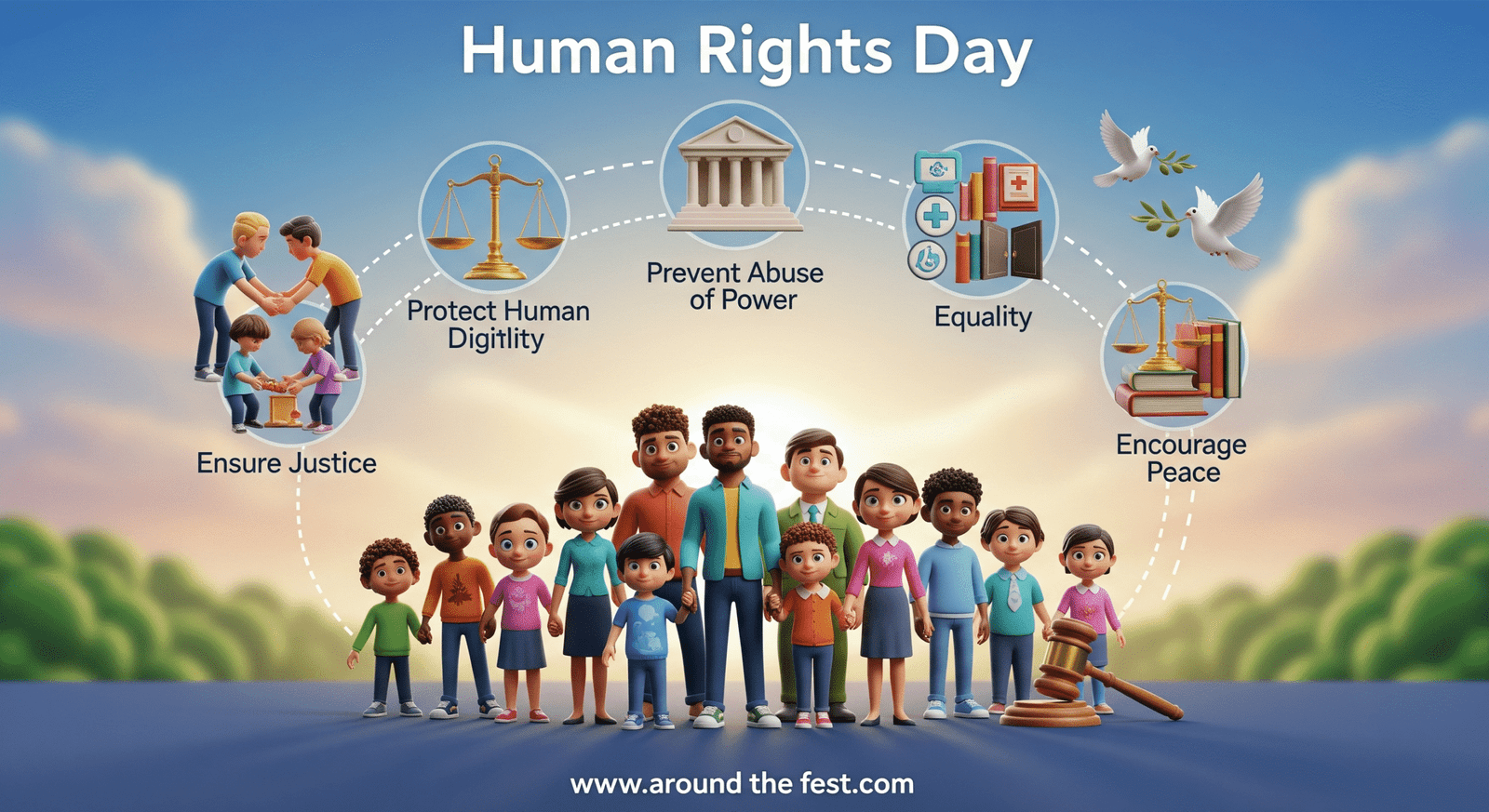 Illustration showing why human rights are essential today, featuring diverse people promoting dignity, equality, justice, accountability, and peace."