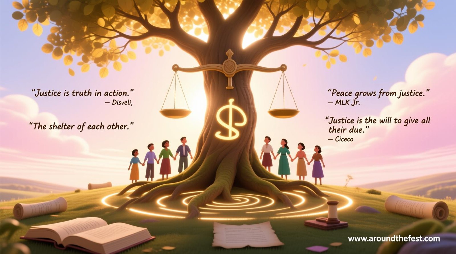 digital painting of a radiant tree of justice with diverse people beneath it, symbolizing fairness, peace, truth, and unity inspired by quotes on law and equality."