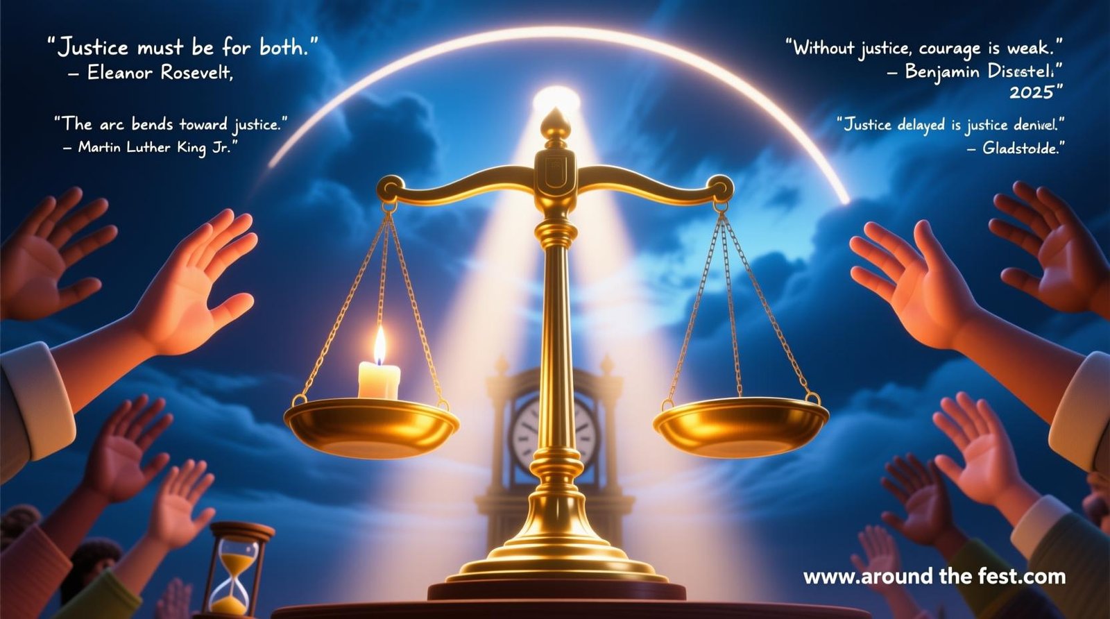  digital painting featuring a glowing golden scale of justice, diverse hands, and light breaking through clouds, symbolizing fairness, equality, and moral courage."