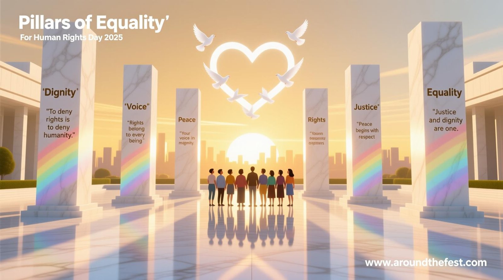 artwork showing six glowing pillars of equality and diverse people united in golden light, symbolizing justice, dignity, and peace for all."