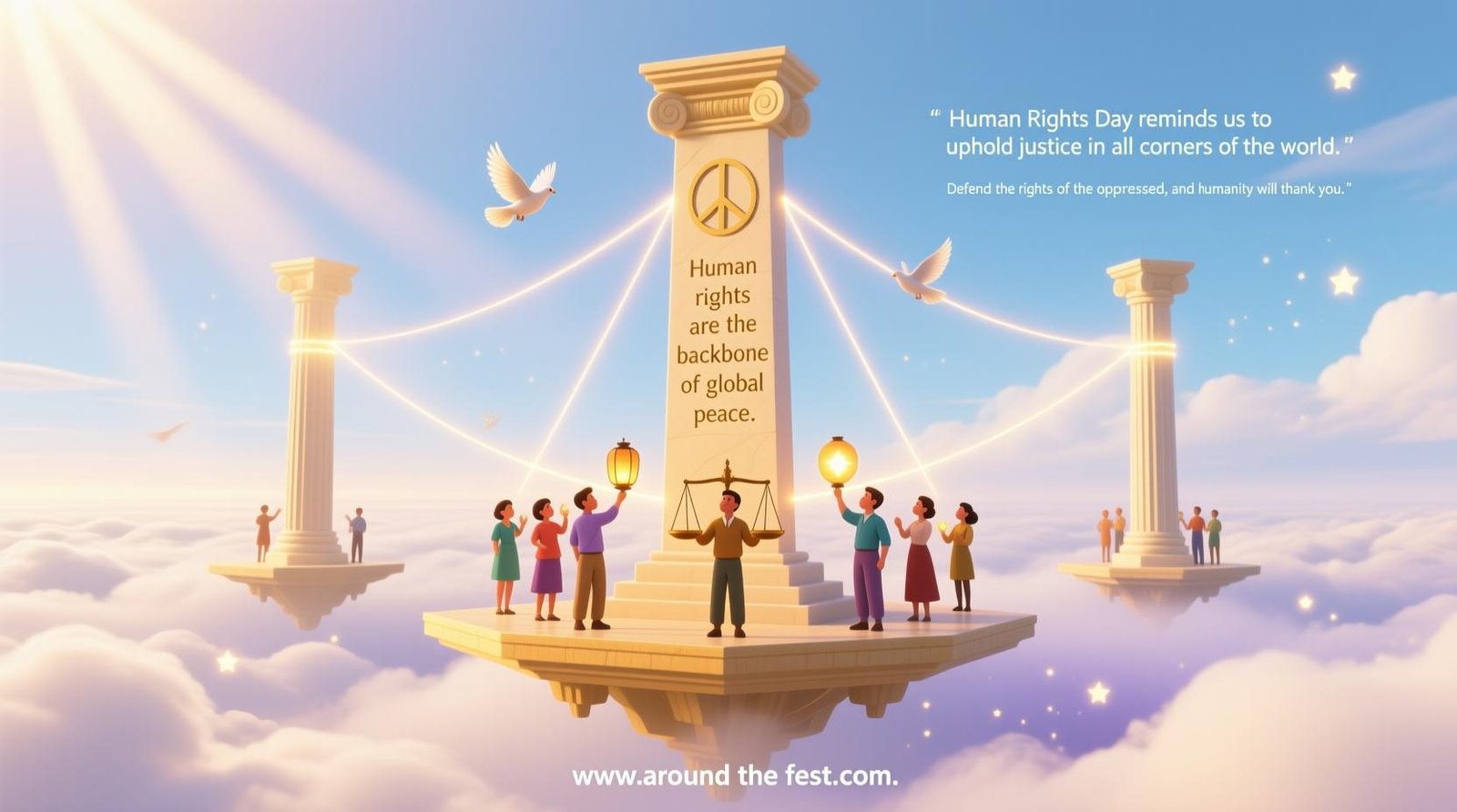 digital illustration showing diverse people around glowing pillars above the clouds, symbolizing peace, justice, equality, and global solidarity."