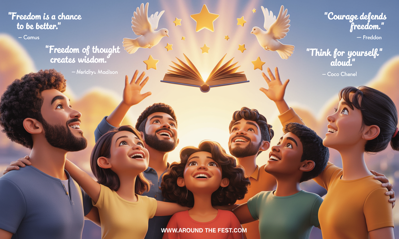 illustration showing diverse people with symbols of freedom, wisdom, and courage, featuring short inspirational quotes by Camus, Madison, Franklin, Pericles, and Coco Chanel."