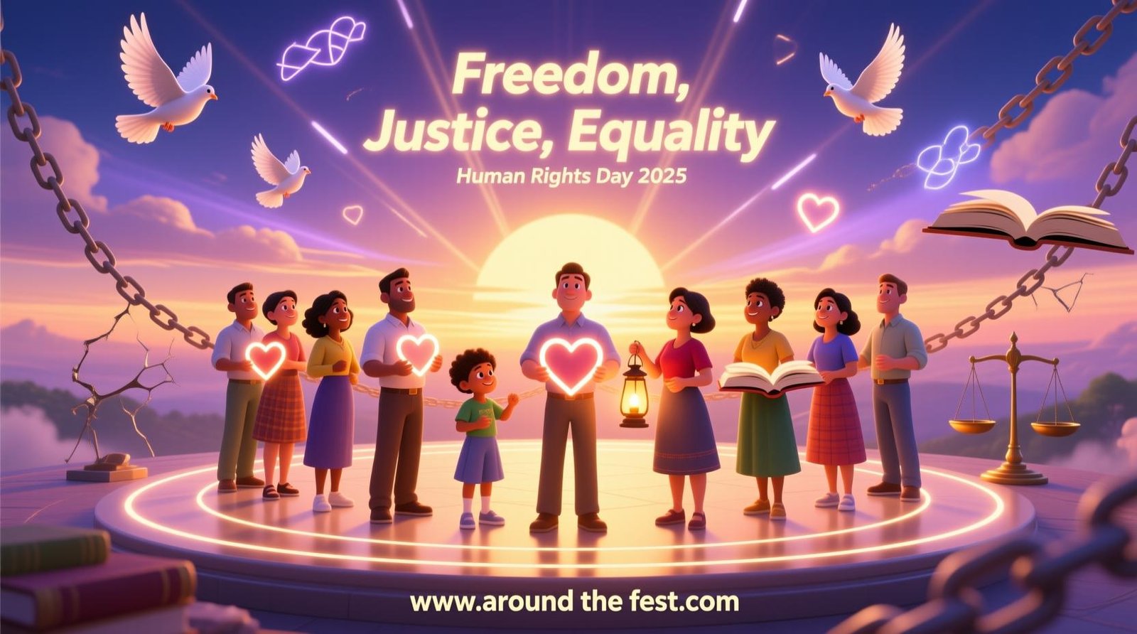 Human Rights Day 2025 featured banner showing a diverse group of people standing together with glowing symbols of freedom, justice, and equality under a radiant sunrise sky."