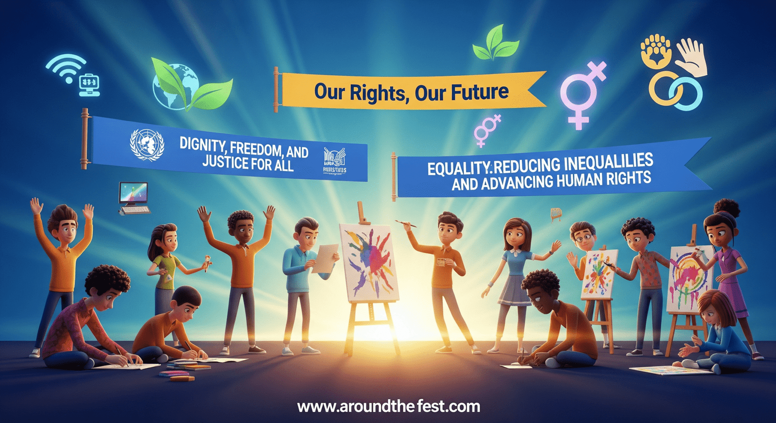 "Students exploring themes like dignity, freedom, equality, digital rights, climate justice, and gender equality through art, debate, and projects."