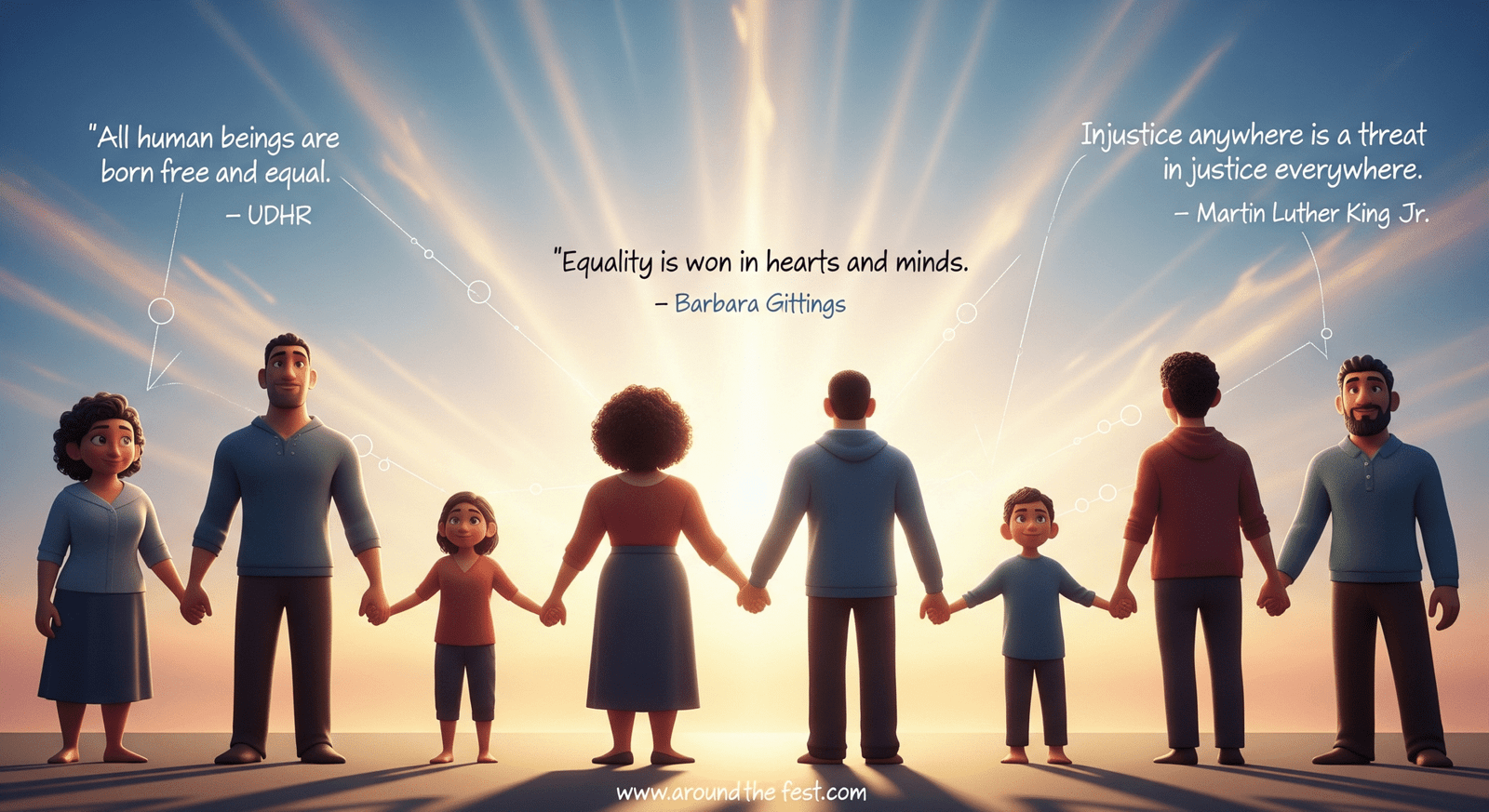 "Human Rights Day 2025 illustration showing diverse people united with symbols of equality and justice, featuring quotes by UDHR, Barbara Gittings, and Martin Luther King Jr."