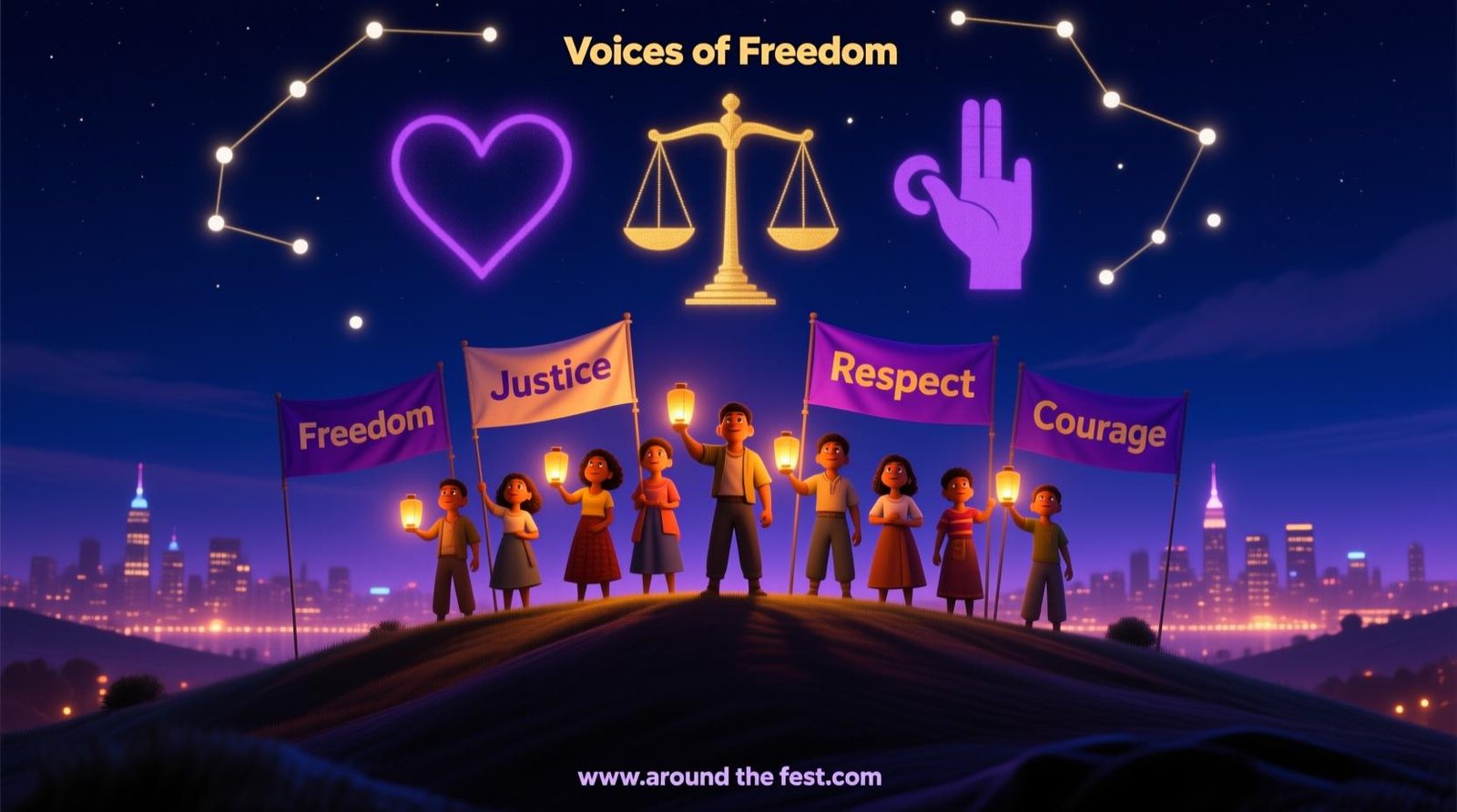 night illustration showing diverse people holding glowing lanterns and banners symbolizing courage, justice, and freedom under a starry sky."