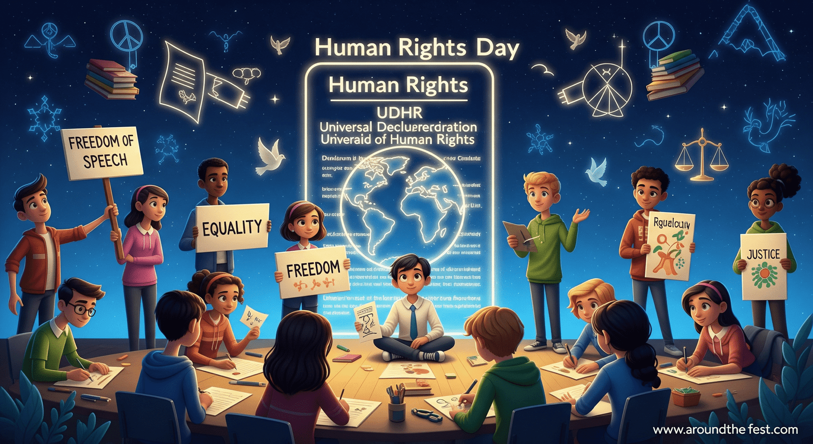 Students of diverse backgrounds participating in activities such as discussions, art projects, and essay competitions, with a glowing UDHR in the background representing equality, justice, and global human rights."