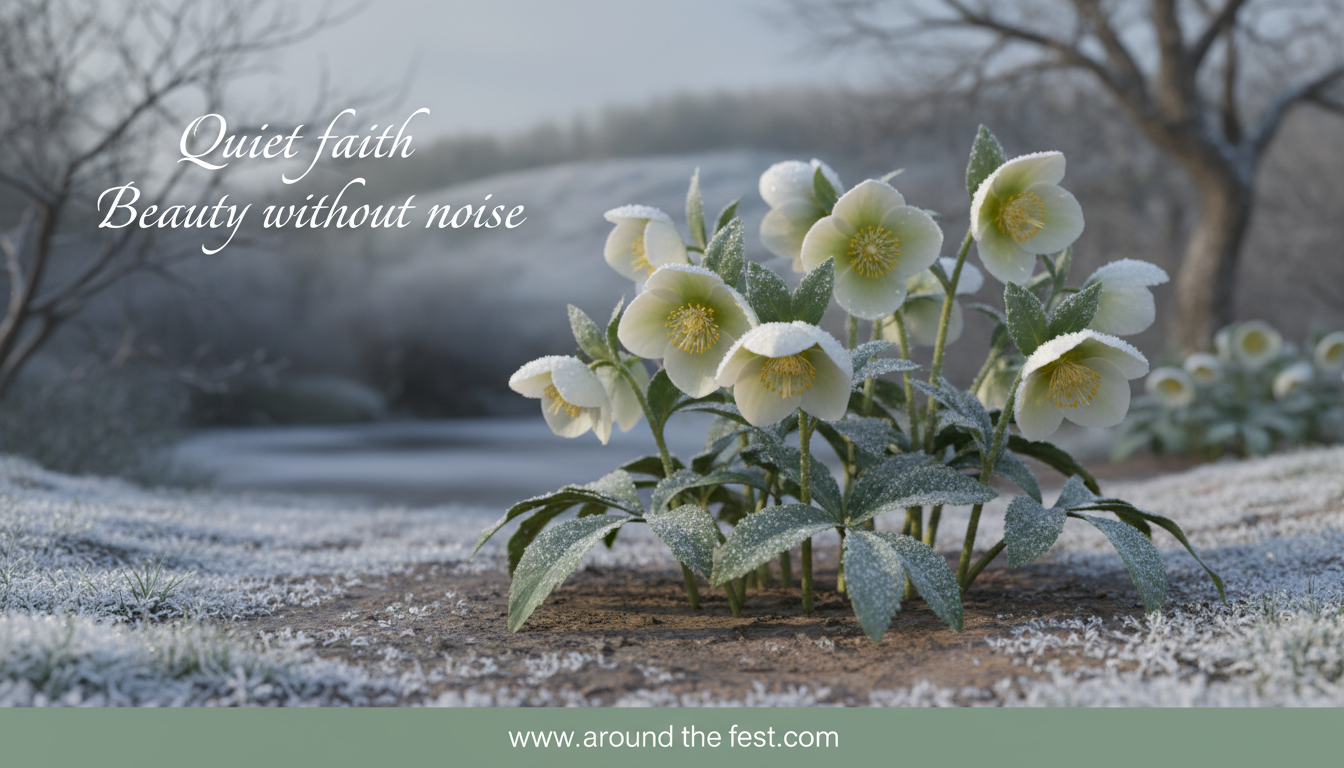 Christmas rose (hellebore) blooming in winter, symbolizing humility and quiet faith at Christmas.