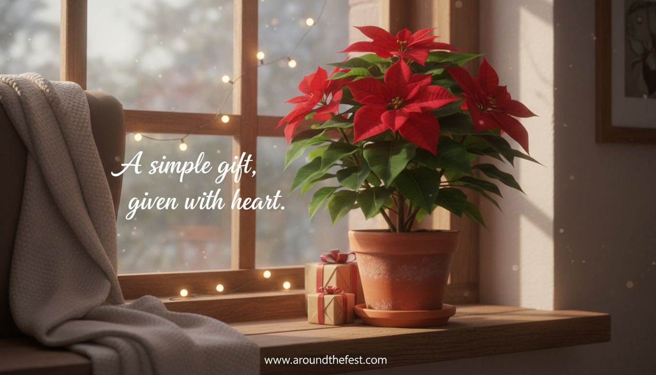 Red poinsettia plant at Christmas symbolizing humble gifts, warmth, and simple celebration.