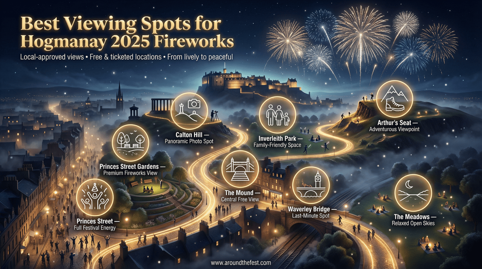 Best viewing spots for fireworks in Edinburgh, featuring Princes Street, Calton Hill, Inverleith Park, Arthur’s Seat, and Princes Street Gardens in a night infographic