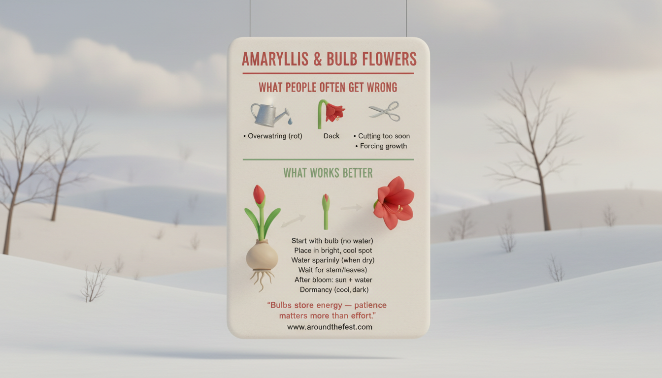 Infographic explaining how to care for amaryllis and other bulb flowers, including common mistakes and proper care.