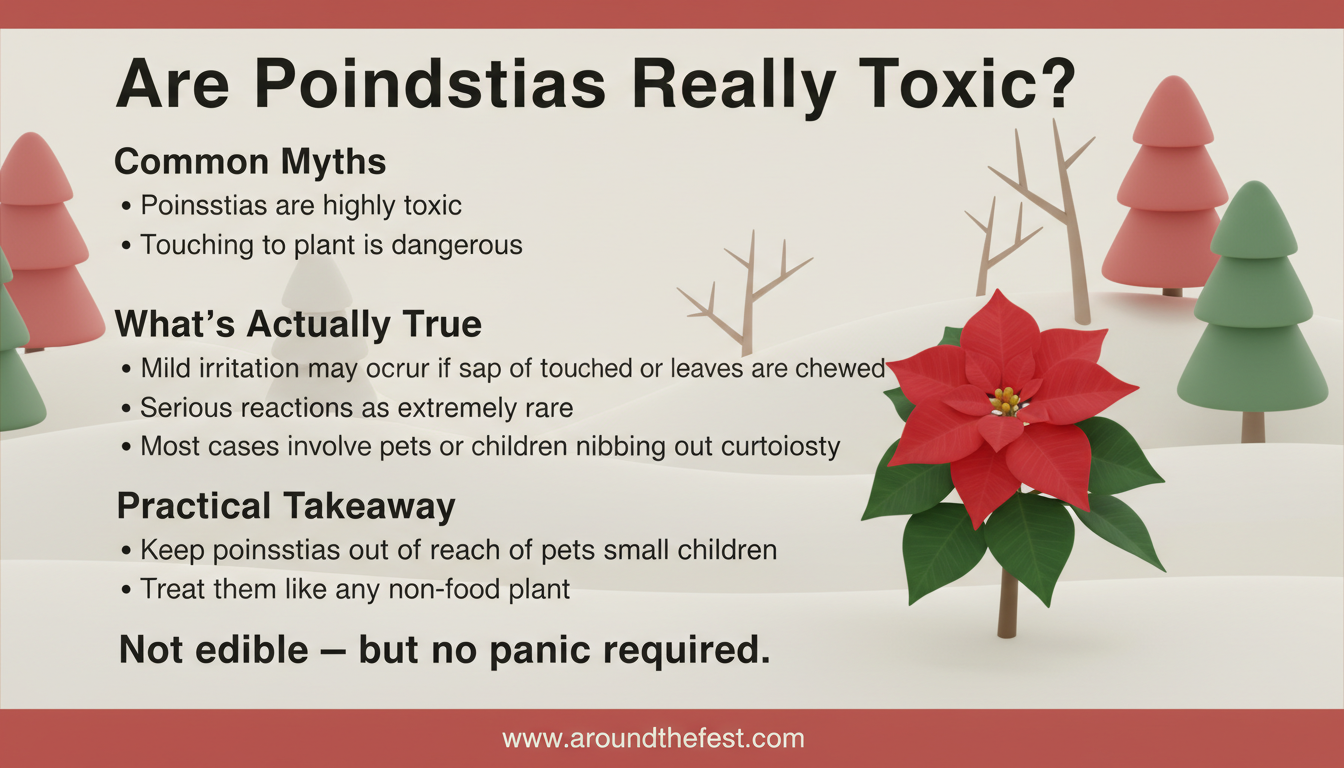 Infographic explaining whether poinsettias are really toxic, correcting common myths with safety facts.