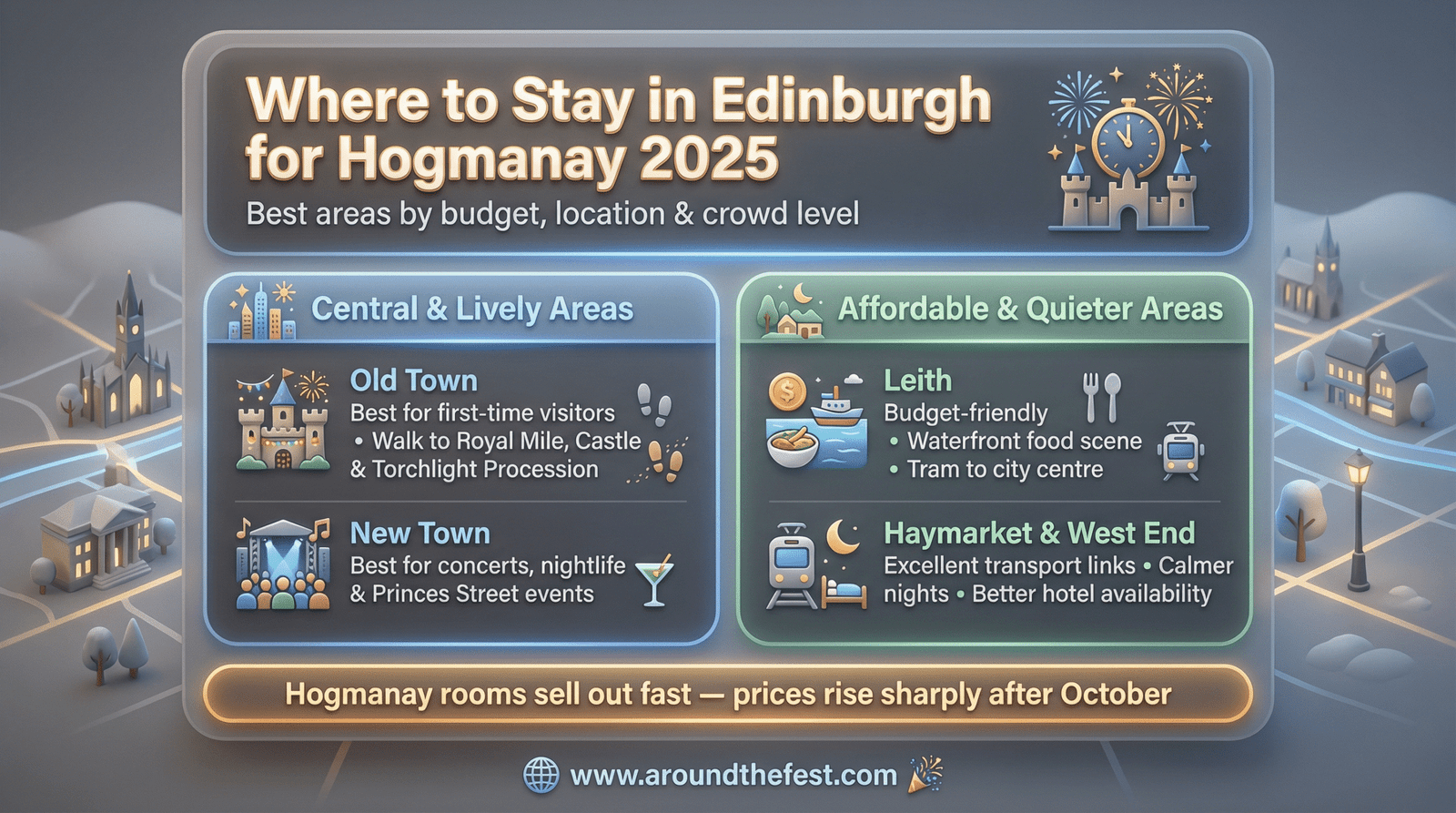Edinburgh accommodation guide infographic for Hogmanay 2025 showing Old Town, New Town, Leith, and Haymarket with budget and location tips