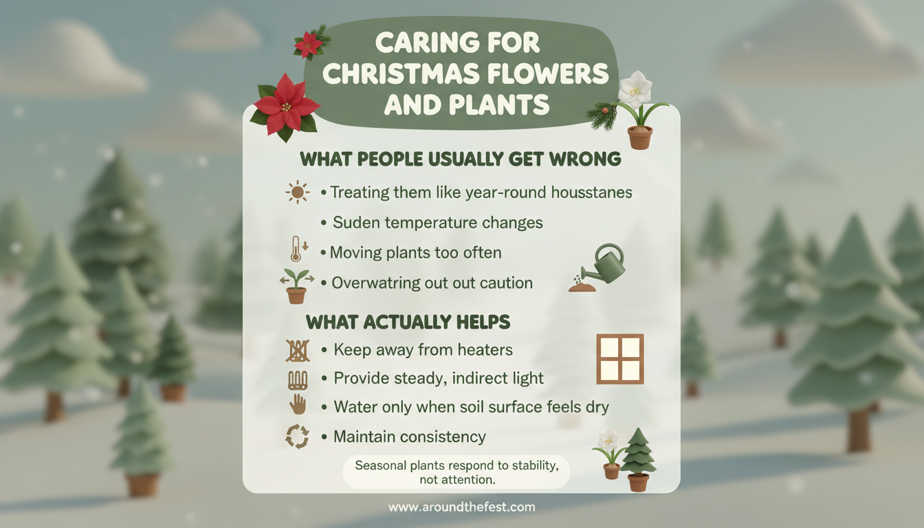 Infographic explaining common mistakes and proper care for Christmas flowers and trees.