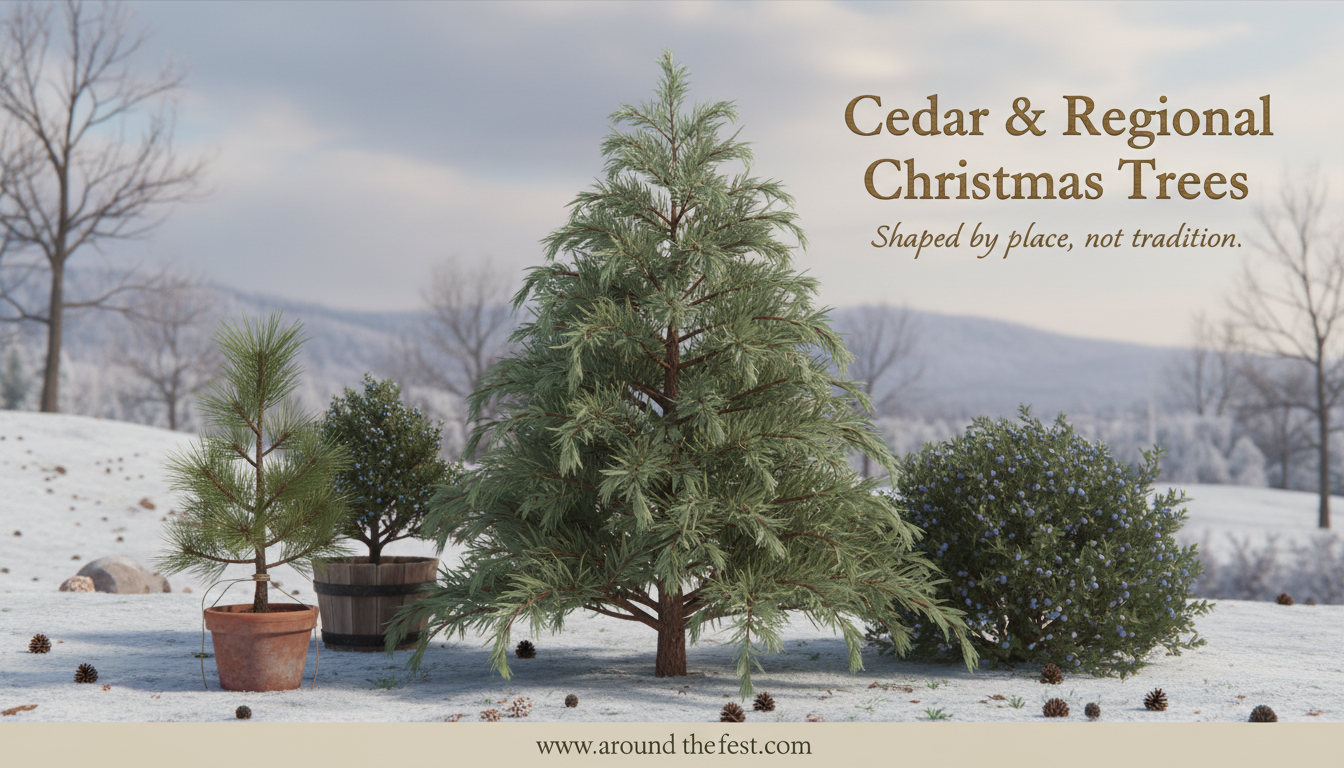 Cedar and regional evergreen trees used as Christmas trees, including smaller and potted varieties.