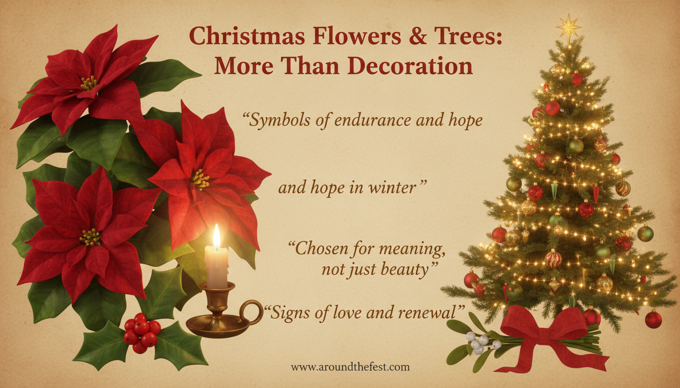 Christmas flowers and trees illustration showing poinsettias, evergreen Christmas tree, holly, and mistletoe with symbolic winter meanings.