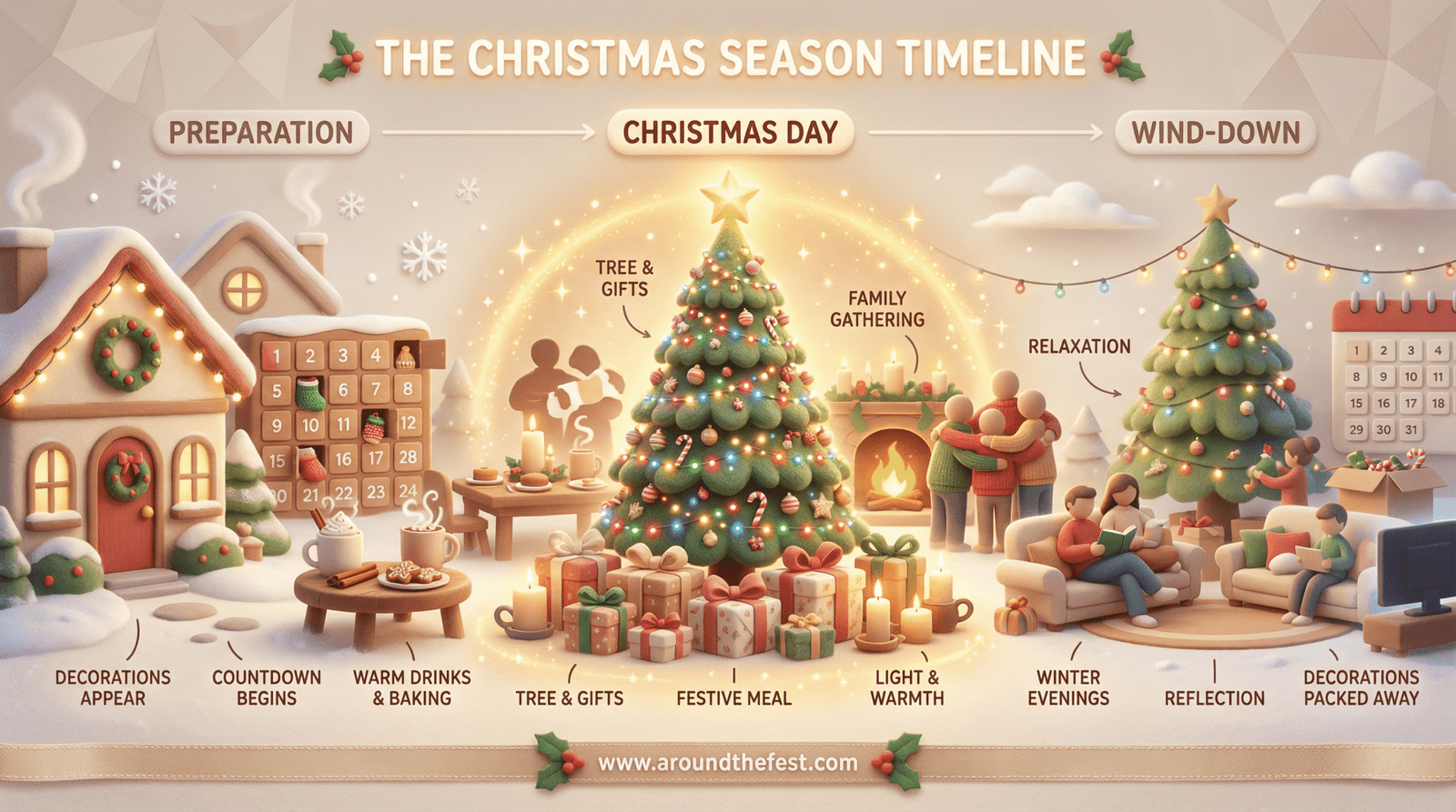 Infographic showing season beginning in early December, peaking on December 25, and gently ending in early January through tradition and experience.