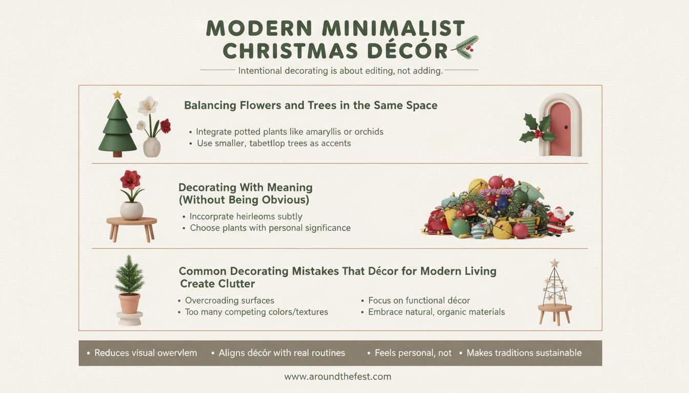 Infographic showing how to balance Christmas flowers and trees with intentional decorating for modern living.