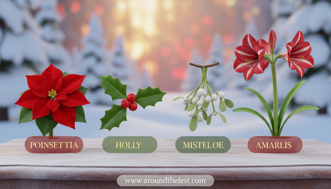 Traditional Christmas flowers with names: poinsettia, holly with red berries, mistletoe, and amaryllis in a festive style.