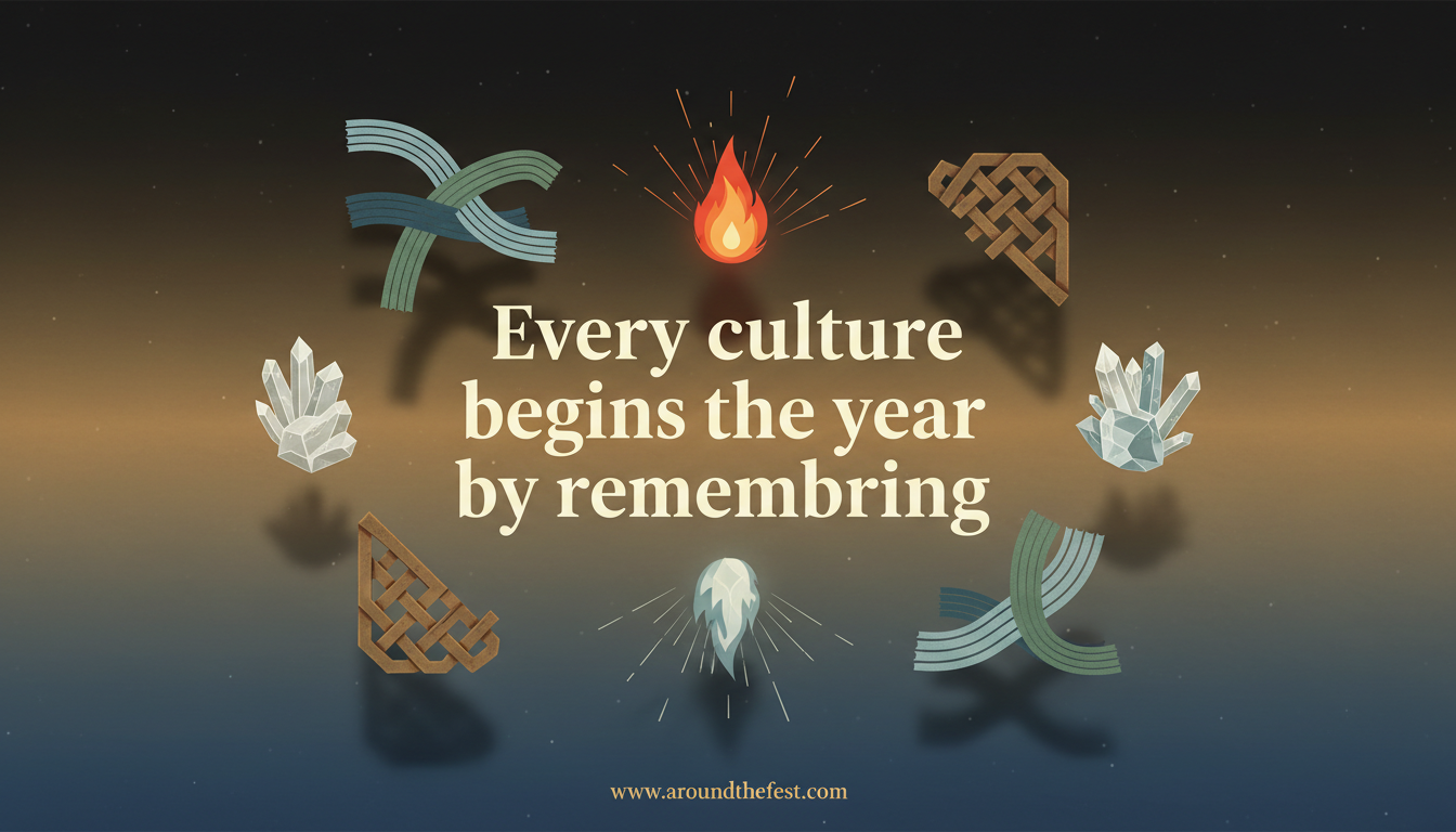 Detailed cultural concept image using floating symbolic elements and a quote about remembrance.