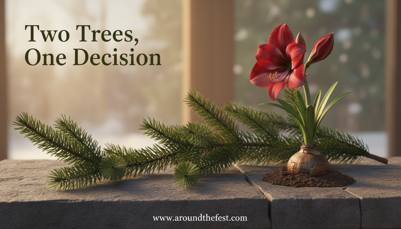 Minimal Christmas scene with an evergreen branch and seasonal flower symbolizing intentional holiday choices.