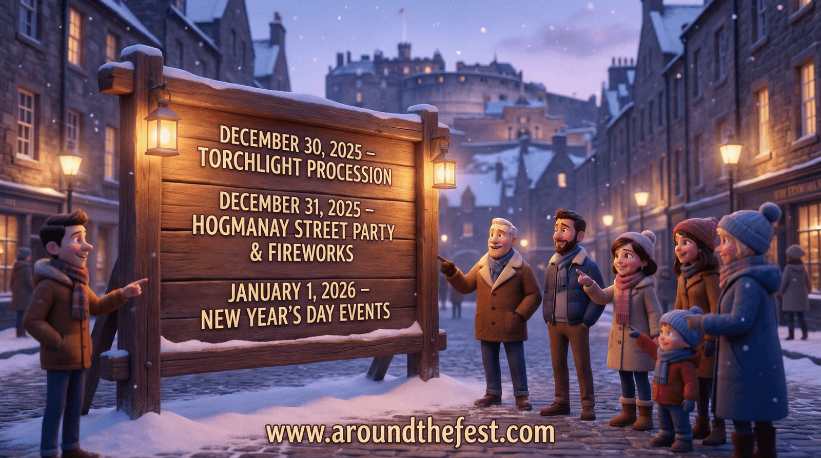Hogmanay 2025 event schedule in Edinburgh showing December 30 to January 1 festival dates on a planning board