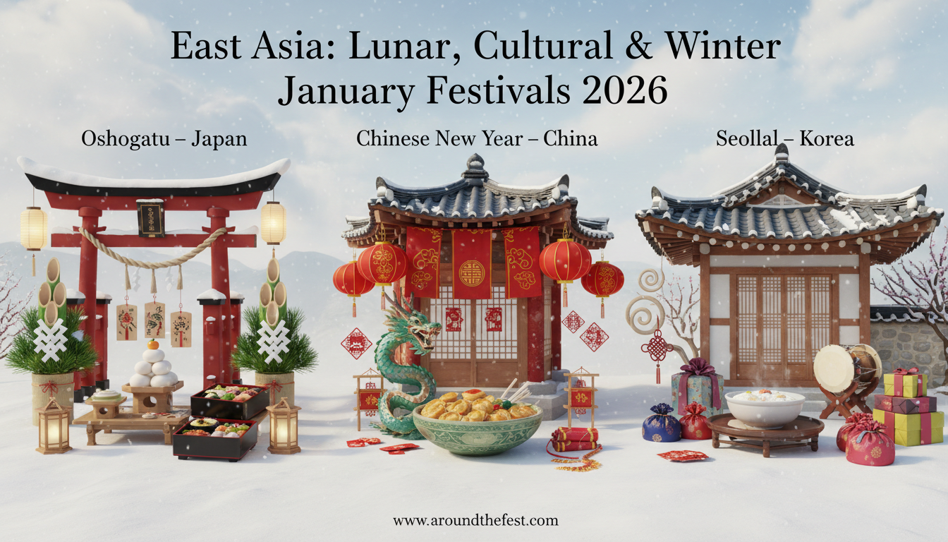 East Asia Lunar, Cultural & Winter January Festivals 2026 featuring Oshogatsu, Zao Snow Monsters Festival, Laba Festival, Chinese New Year 2026, and Seollal
