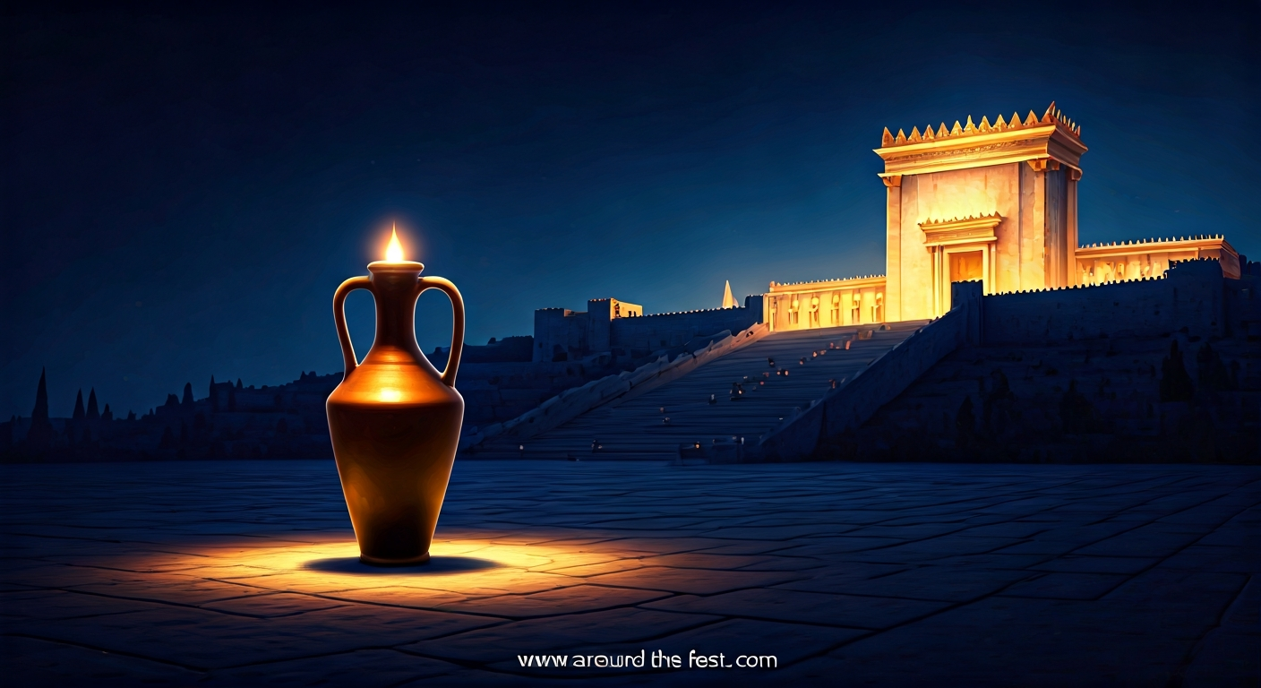 “Glowing clay jar of olive oil symbolizing why we celebrate Hanukkah for 8 days and the miracle of light”