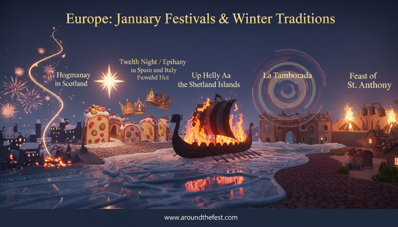 Europe January Festivals 2026 featuring Hogmanay, Epiphany, Viking fire rituals, and winter traditions