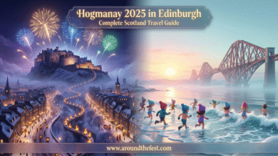 Hogmanay 2025 in Edinburgh featuring fireworks over Edinburgh Castle, street celebrations, torchlight procession, and New Year’s Day Loony Dook scenes across Scotland