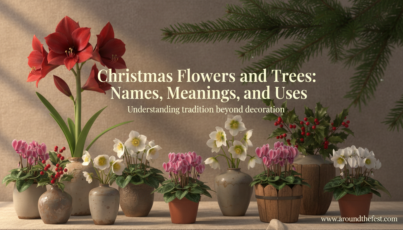 Editorial Christmas banner featuring amaryllis, Christmas rose, cyclamen, and evergreen branches with the subtitle ‘Understanding tradition beyond decoration.’”