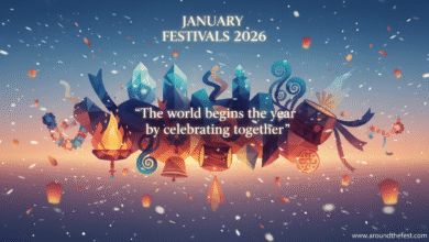 Featured banner illustration for January Festivals 2026 showing global winter, cultural, and spiritual celebrations blended into a cinematic editorial scene with a unifying quote.