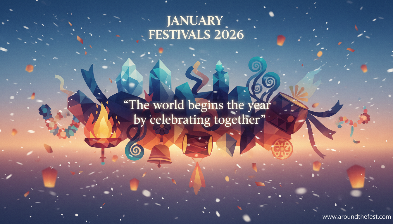 Featured banner illustration for January Festivals 2026 showing global winter, cultural, and spiritual celebrations blended into a cinematic editorial scene with a unifying quote.