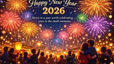 Colorful New Year 2026 celebration banner with fireworks, glowing lights, people celebrating together, and an uplifting quote about celebrating the year ahead.