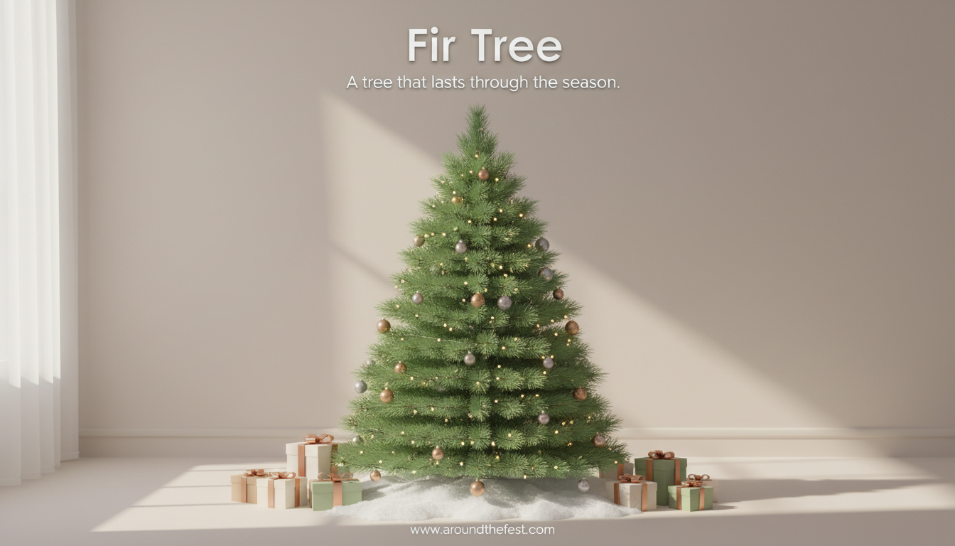 Fir tree used as a real Christmas tree with soft needles and a full, symmetrical shape.