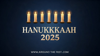 Featured banner showing eight abstract glowing lights on a deep blue background with the title “Hanukkah 2025: Meaning, History, Dates, Traditions & Rituals,” symbolizing the eight days of Hanukkah celebrated around the world.