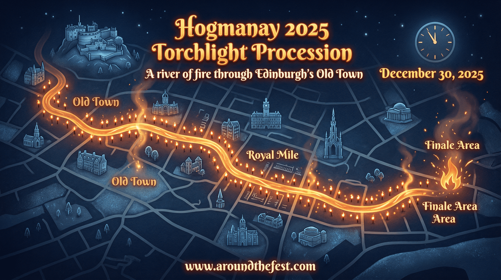 Illustrated map showing the glowing route of the Torchlight Procession through Edinburgh’s Old Town