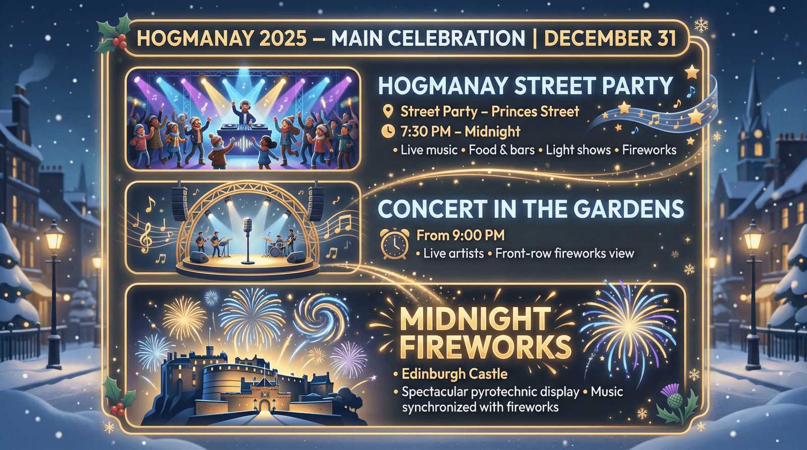 infographic showing street party, concert in the gardens, and midnight fireworks schedule in Edinburgh